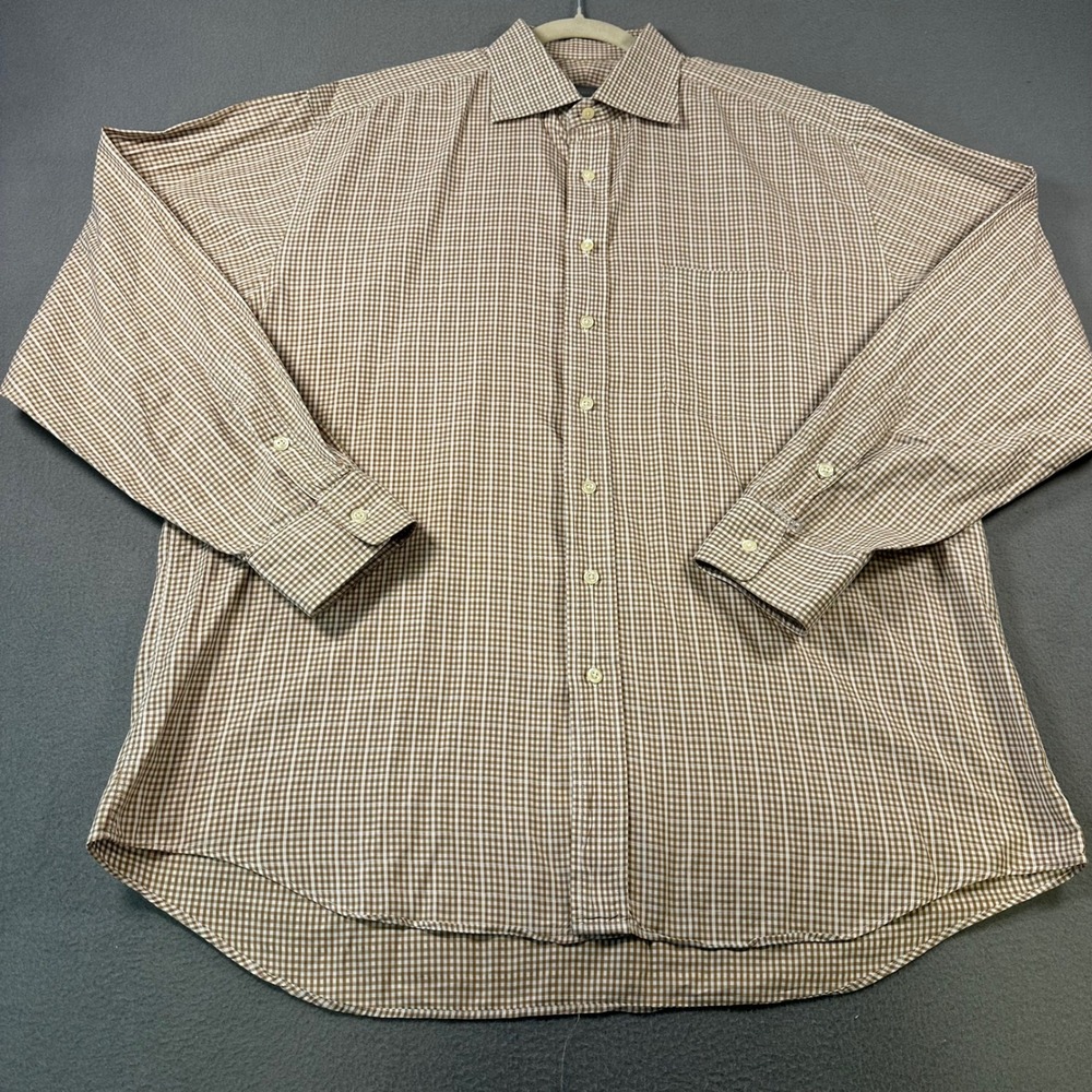 Hickey Freeman Mens Brown Gingham Check Cotton Dress Shirt 17 36 Made in Canada